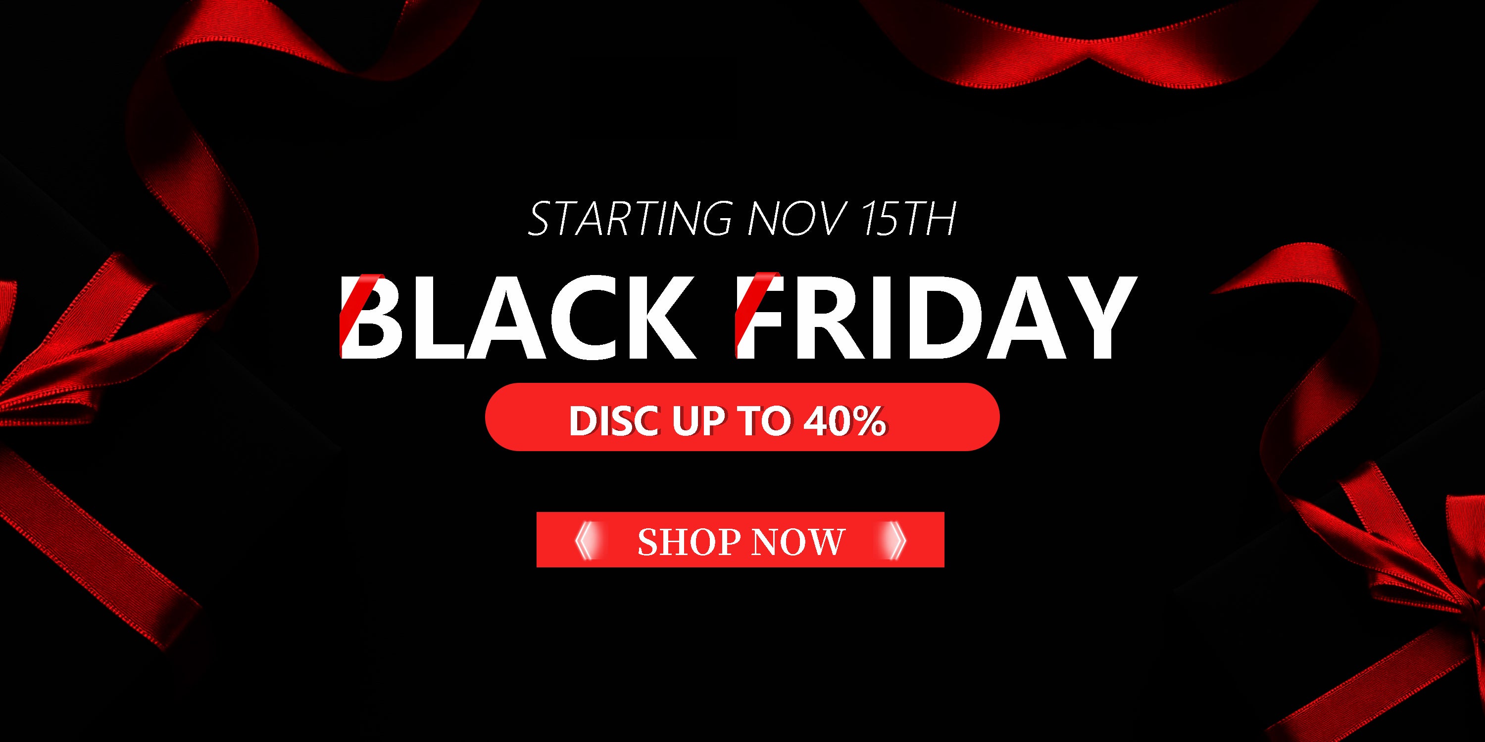 Black Friday sale banner with red ribbons on a black background