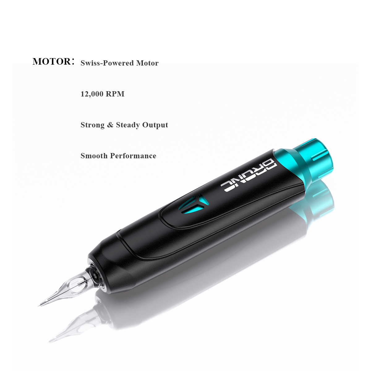 Bronc tattoo machine pen with specifications on a white background