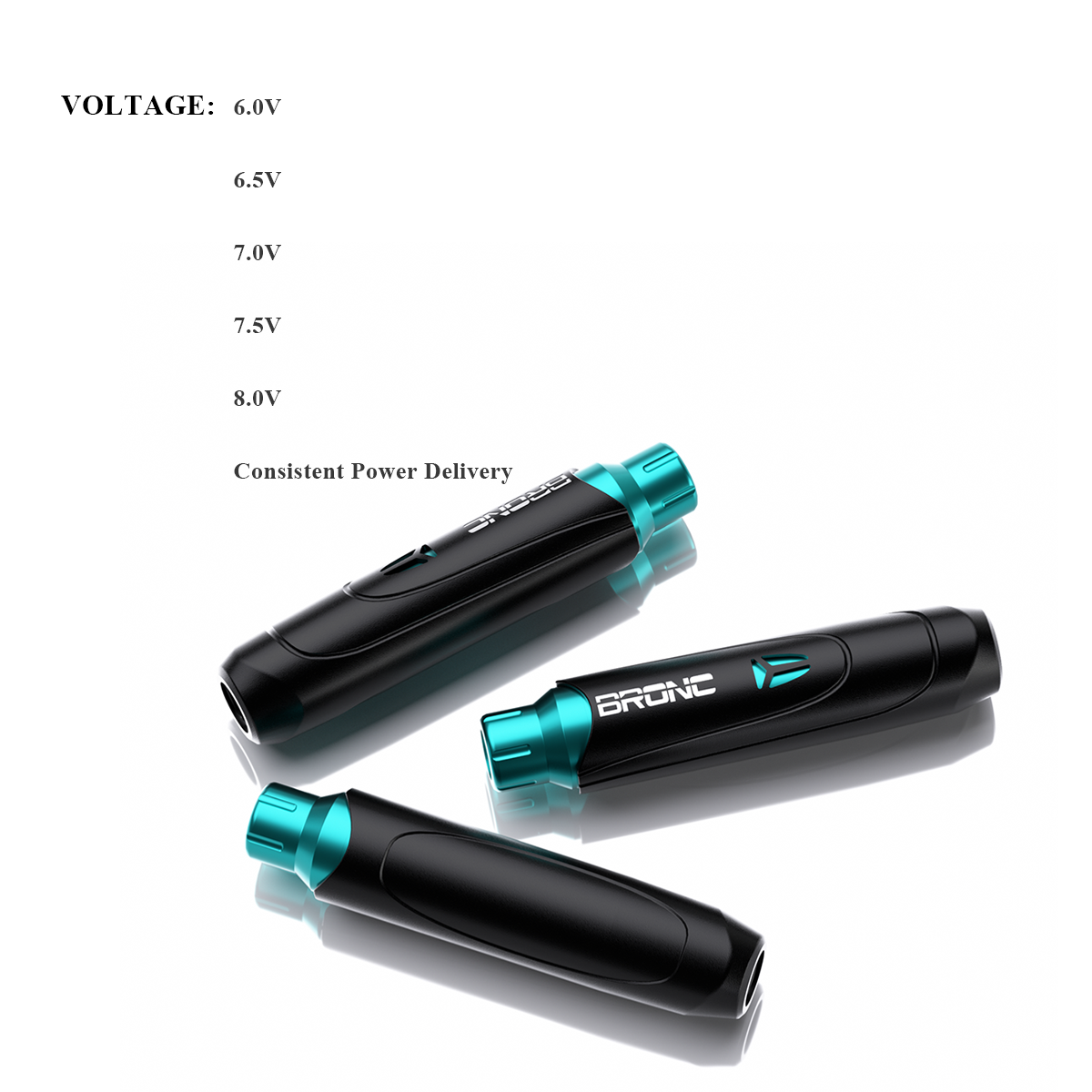 Bronc tattoo machine pen with specifications on a white background