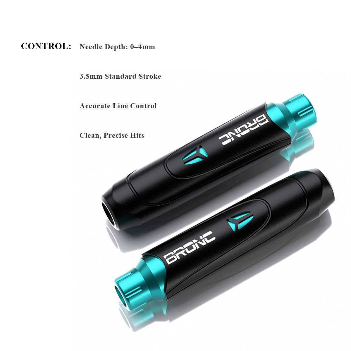 Bronc tattoo machine pen with specifications on a white background