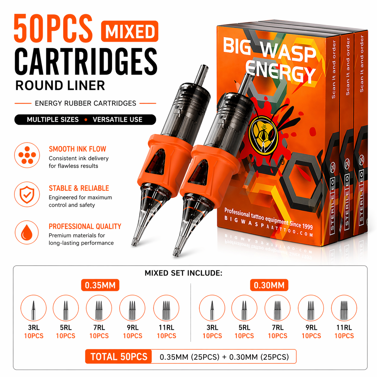 BIGWASP Energy Round Liner Cartridges 50PCS BIGWASP Energy Round Liner Cartridges 50PCS
