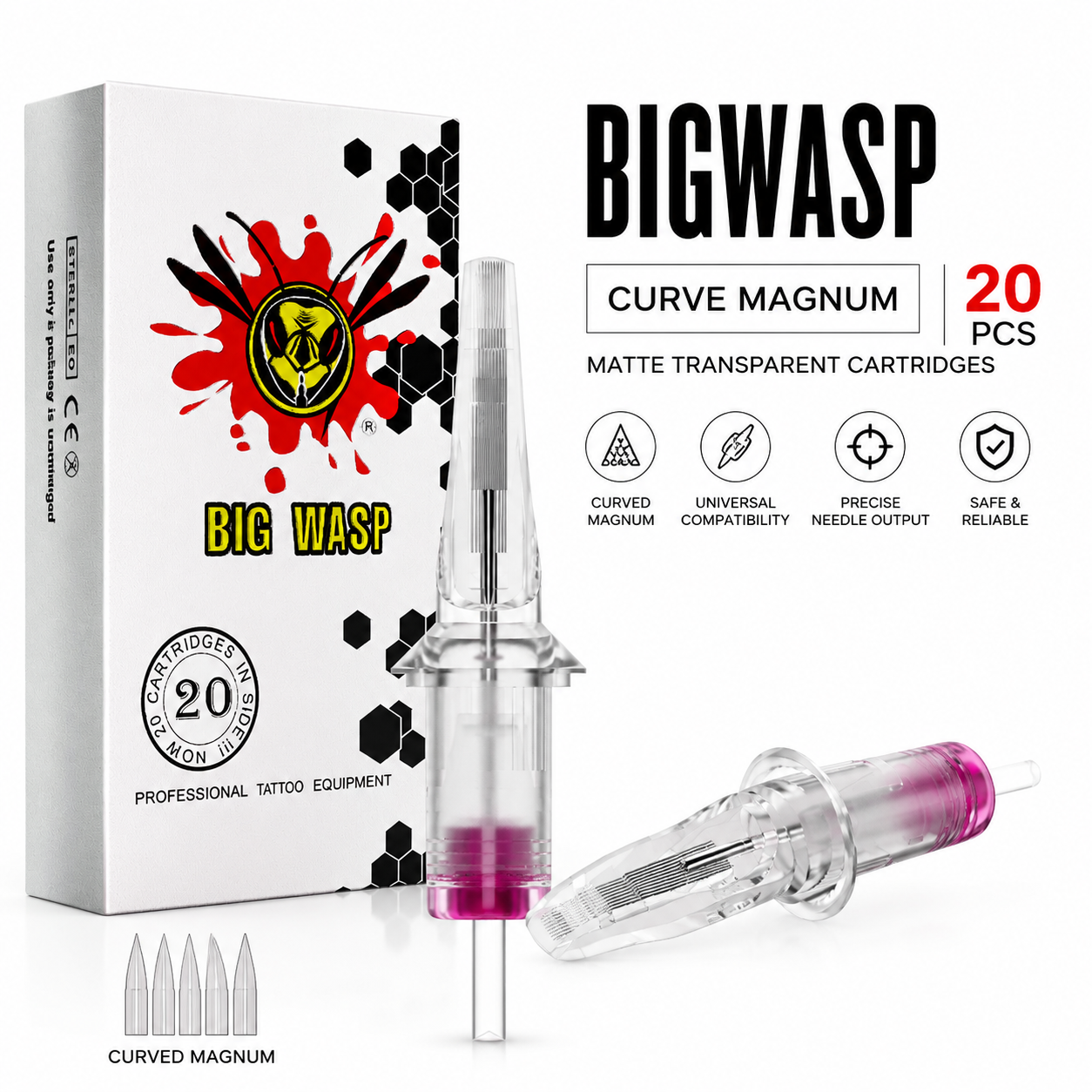 BIGWASP Curve Magnum tattoo cartridge packaging with cartridges on a white background