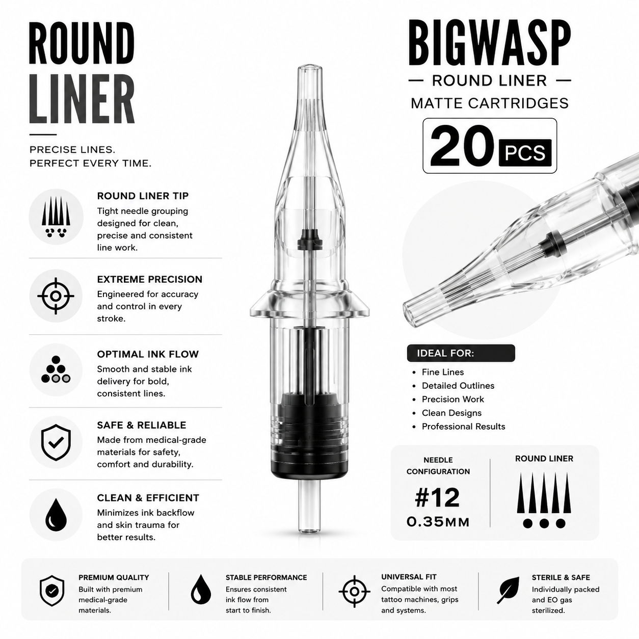 BigWasp Round Liner tattoo cartridge packaging with specifications on a white background