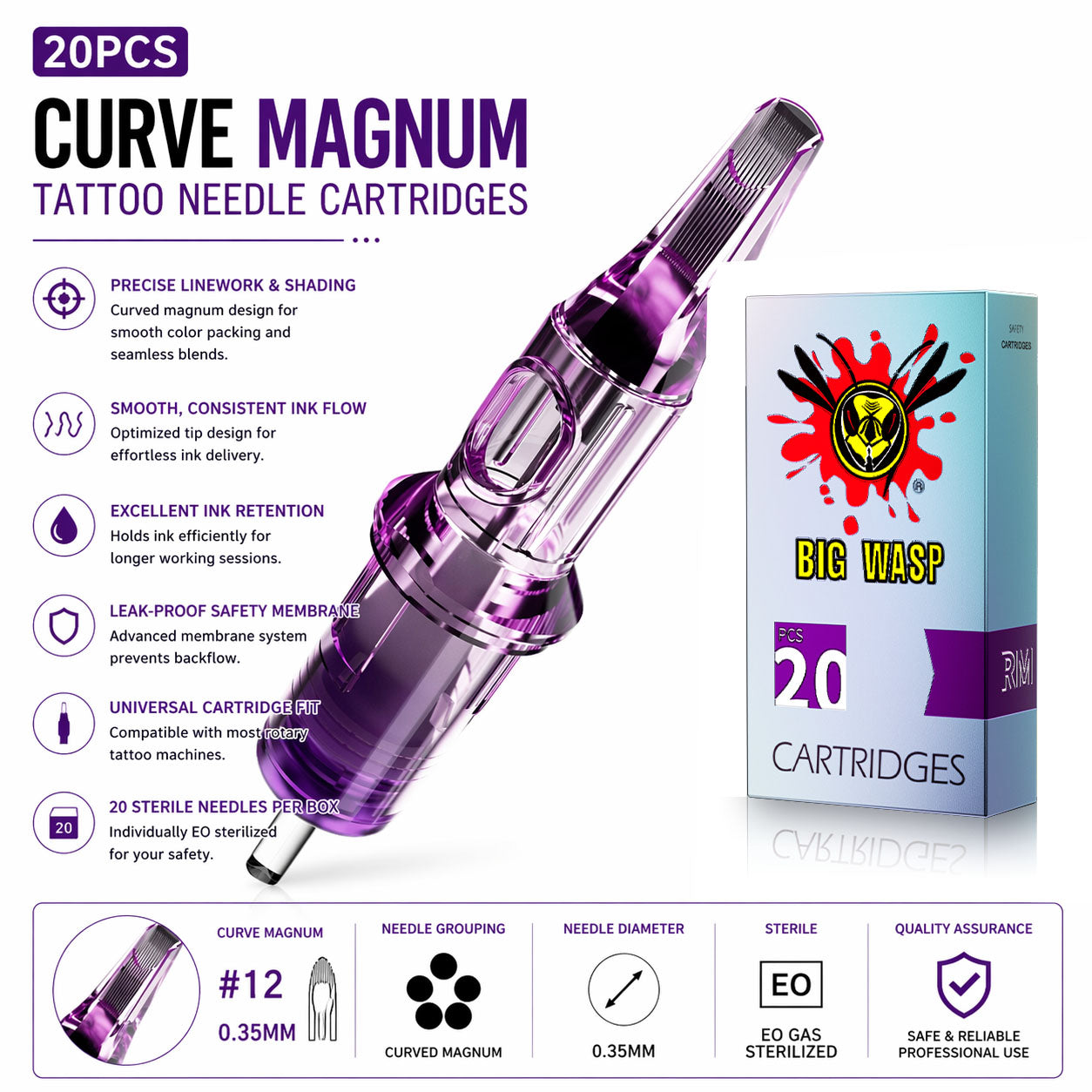 Purple tattoo needle cartridge with Big Wasp packaging on a white background
