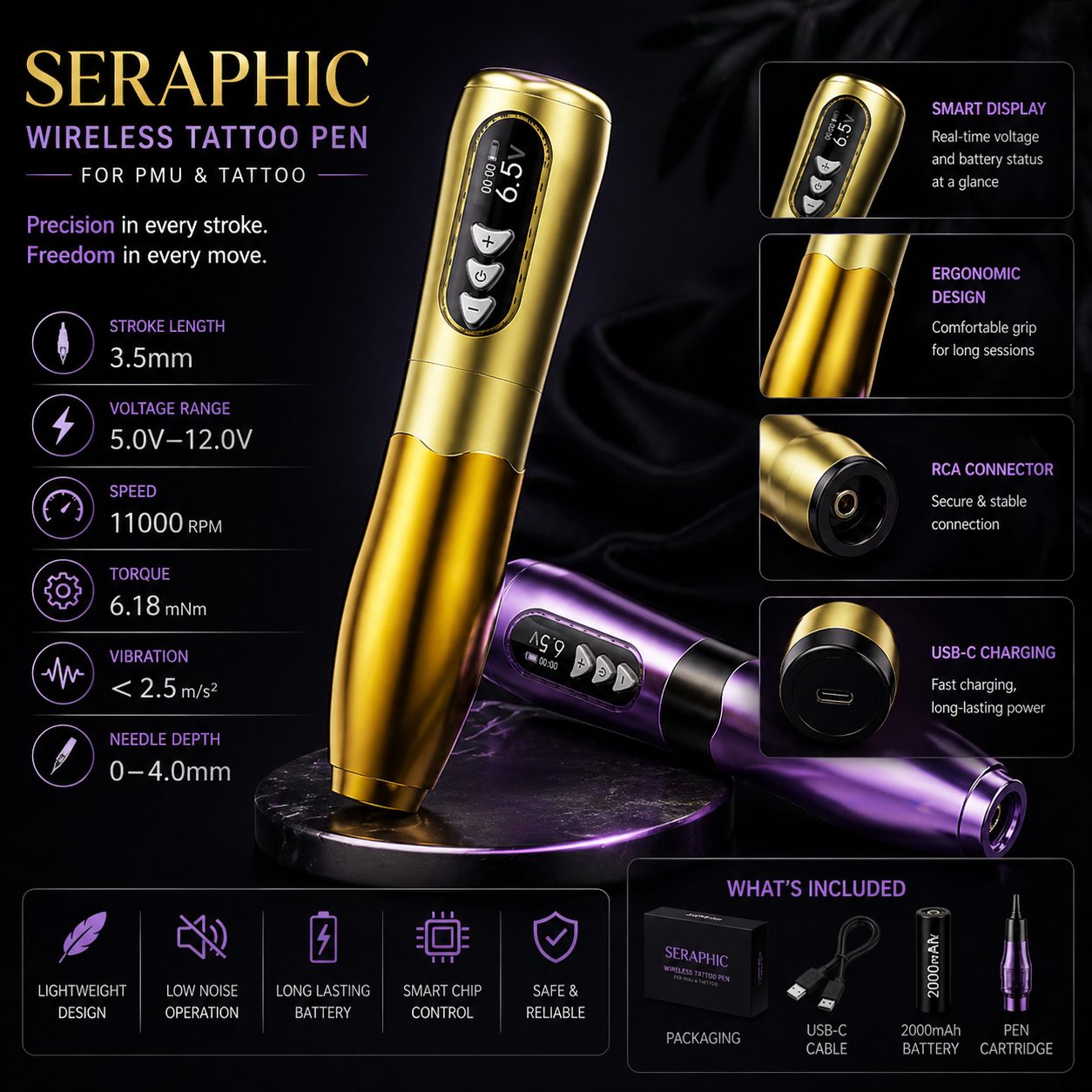 Seraphic wireless tattoo pen with specifications on a dark background