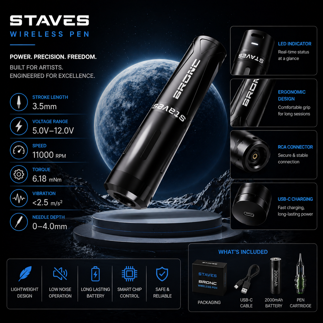 Bronc Staves wireless pen with specifications and features displayed on a dark background