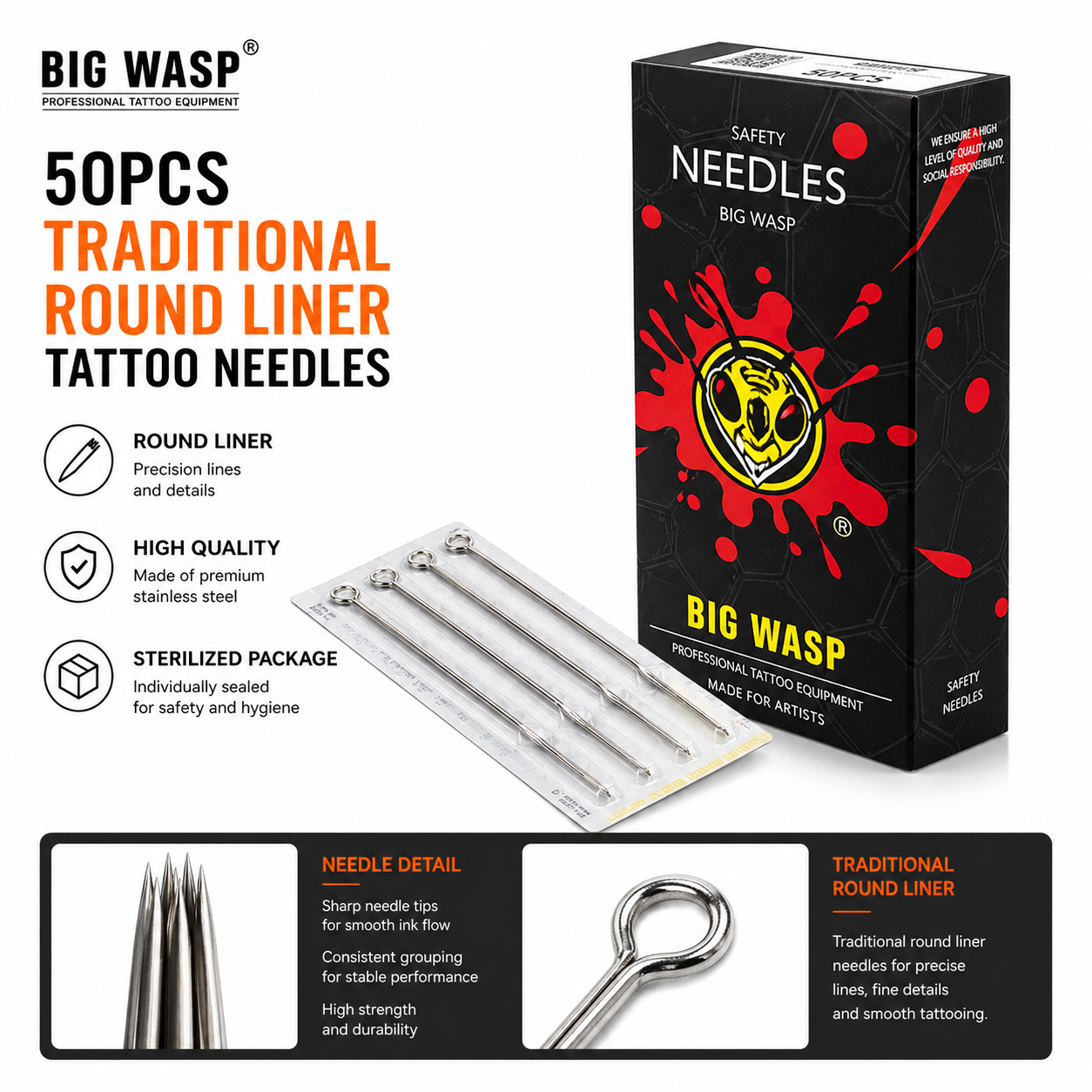 Bigwasp 50pcs Traditional Round Liner Tattoo Needles