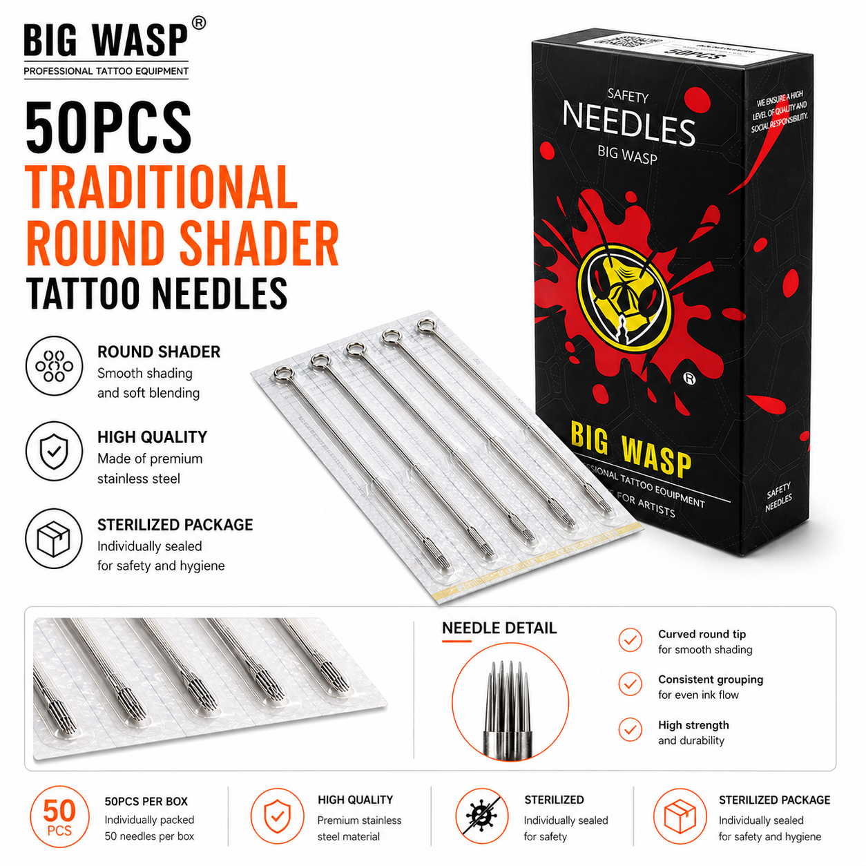 Bigwasp 50pcs Traditional Round Shader Tattoo Needles