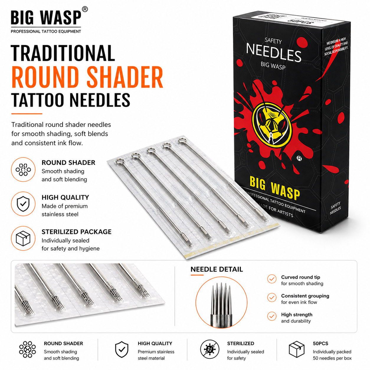 Bigwasp 50pcs Traditional Round Shader Tattoo Needles