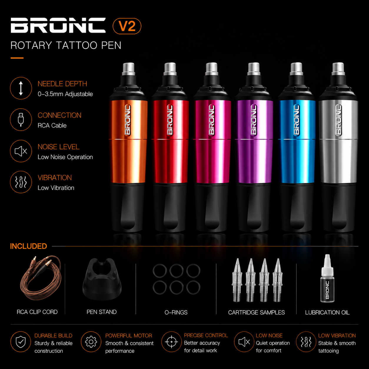 BRONC V2 rotary tattoo pen with color options and included accessories on a black background