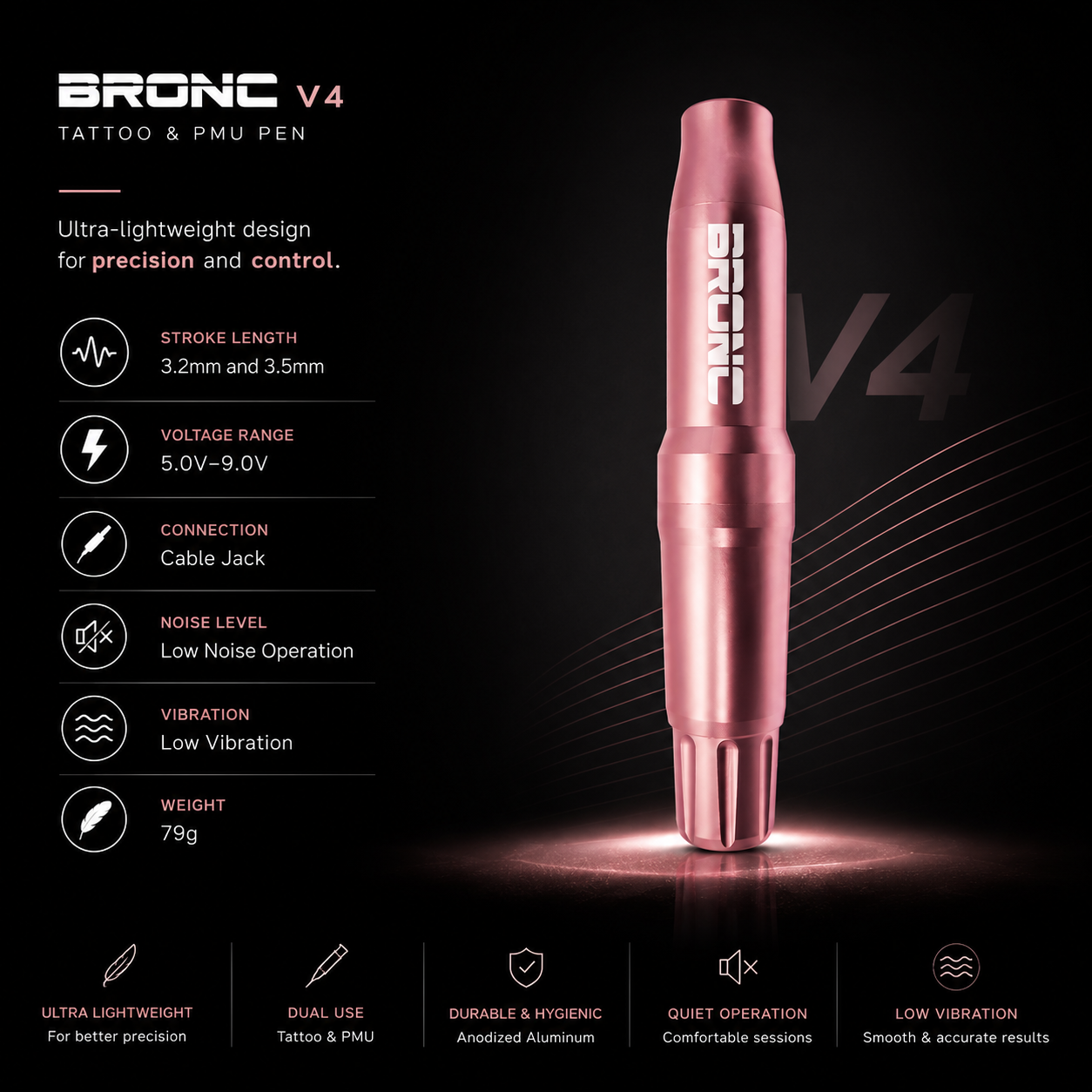 Bronc V4 tattoo and PMU pen with specifications on a dark background