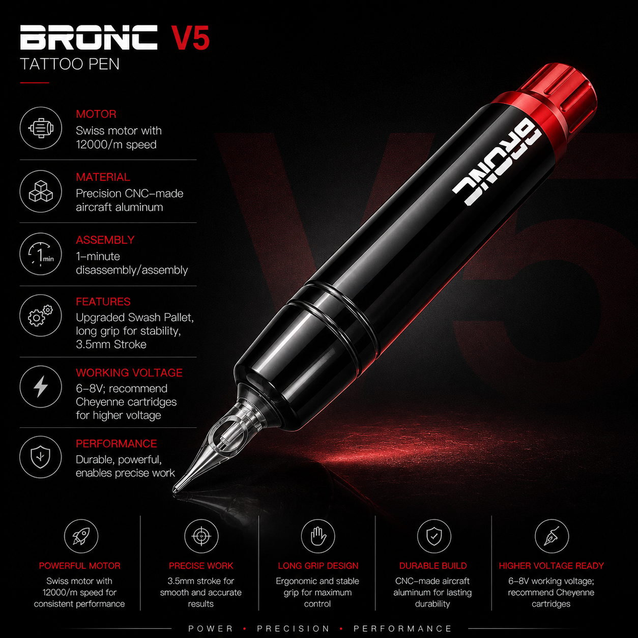 Bronc V5 tattoo pen with specifications on a dark background