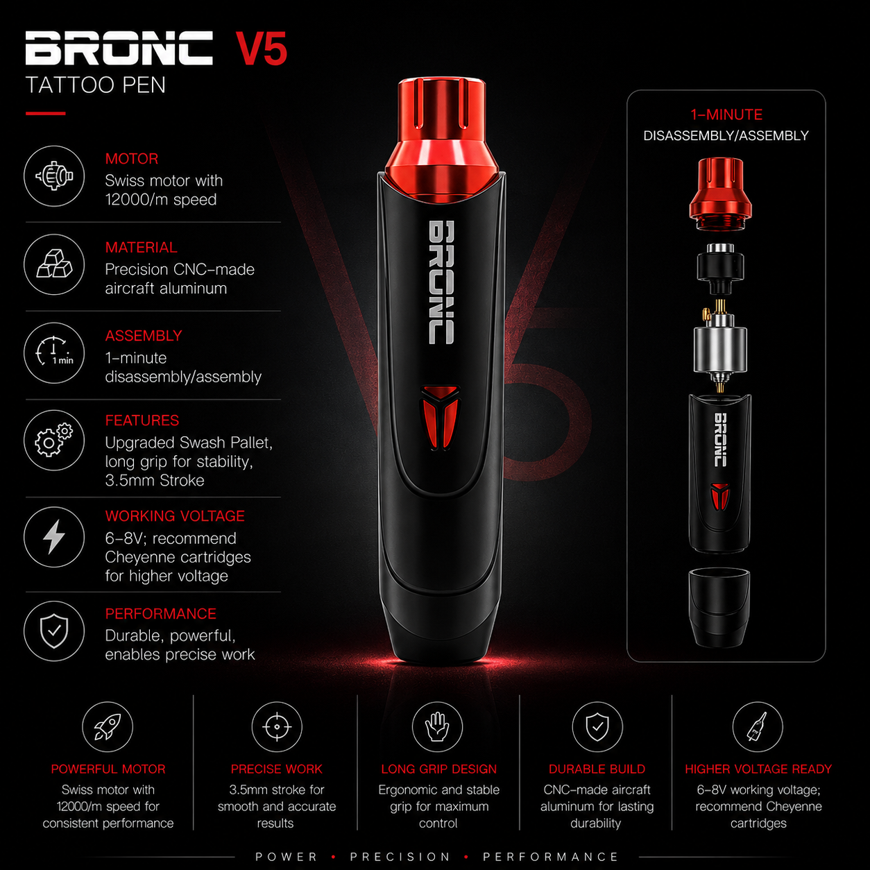 BRONC V5 tattoo pen with specifications on a black background