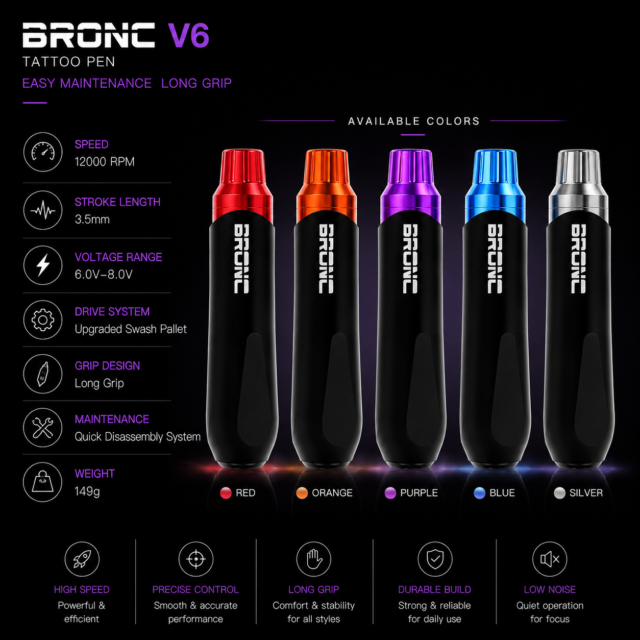 Bronc V6 tattoo pen with color options on a black background