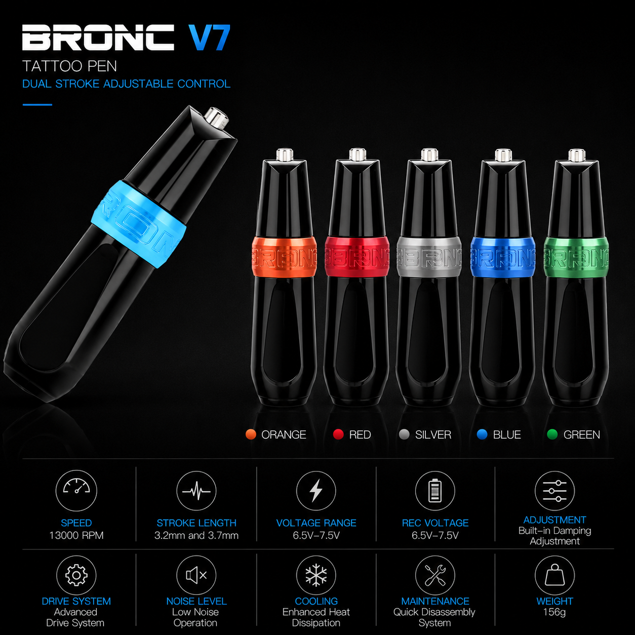 Bronic V7 tattoo pen with color options on a black background