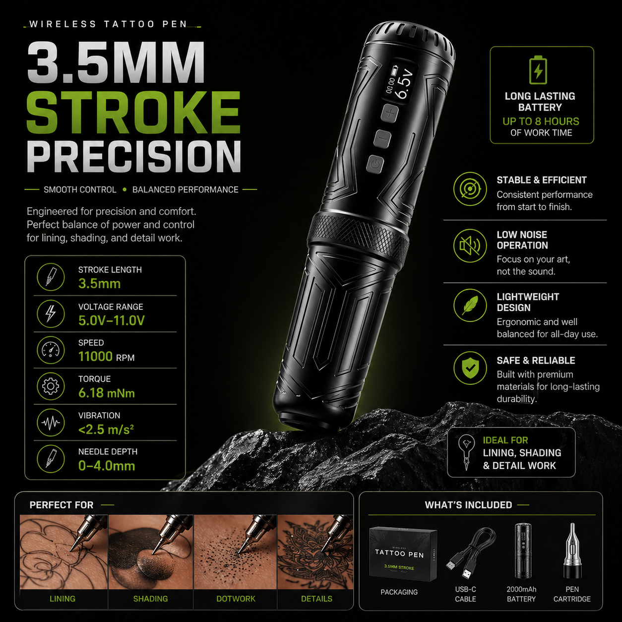 Bronc wireless pen with specifications and features displayed on a dark background