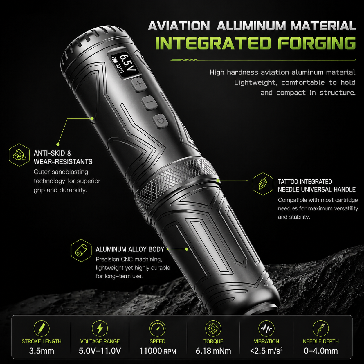 Bronc wireless pen with specifications and features displayed on a dark background