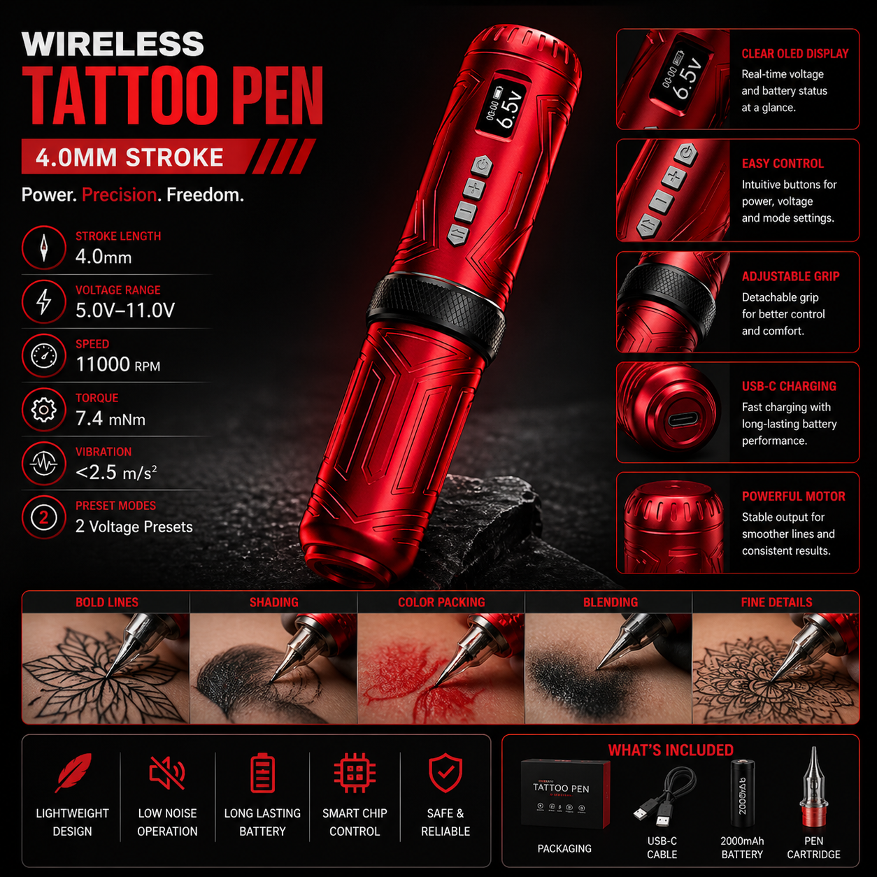 Bronc wireless pen with specifications and features displayed on a dark background