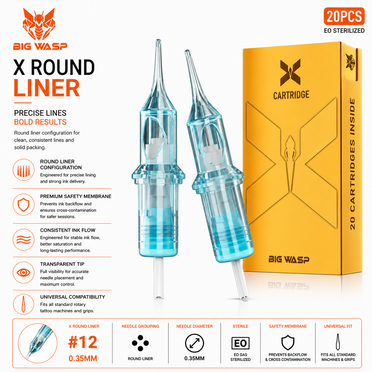 Tattoo cartridge set with packaging labeled 'Big Wasp' on a white background