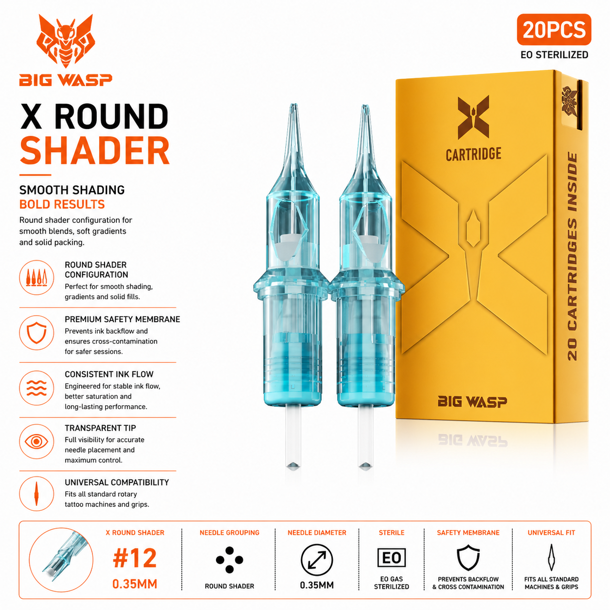Big Wasp X Round Shader tattoo cartridge packaging with two cartridges and a box on a white background.