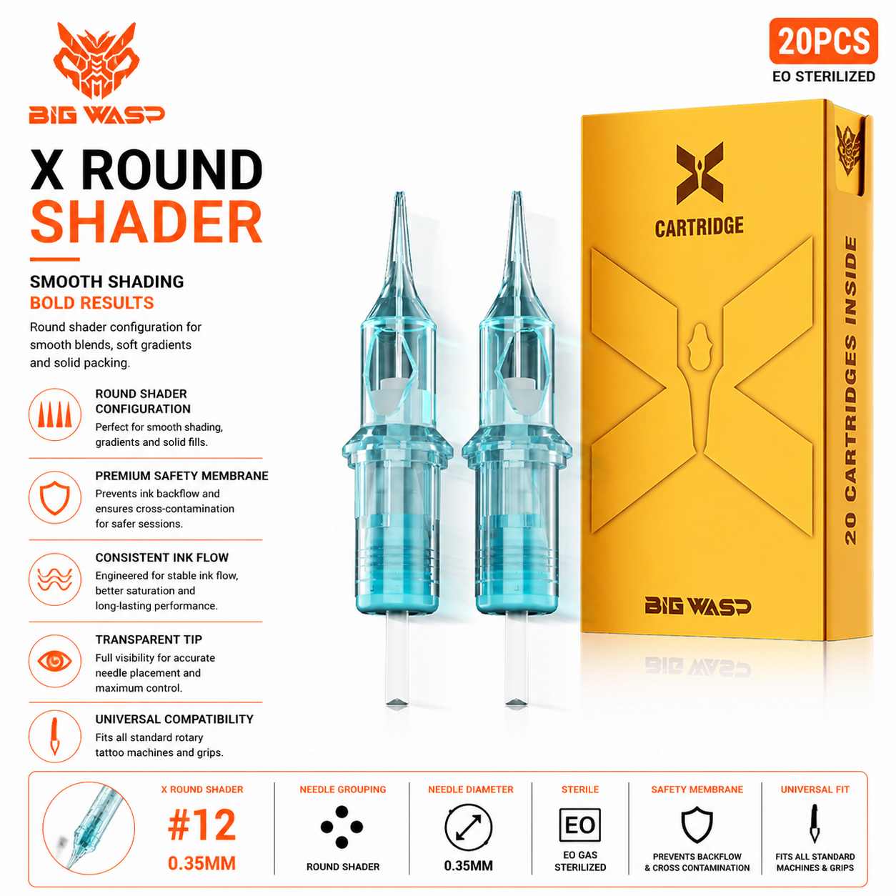 Tattoo cartridge packaging with blue cartridges and yellow box, featuring Big Wasp branding.