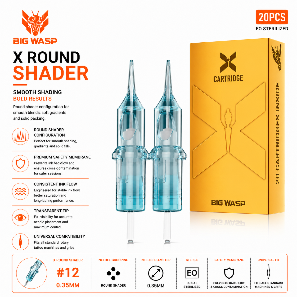BIG WASP X Round Shader tattoo cartridges with packaging on a white background