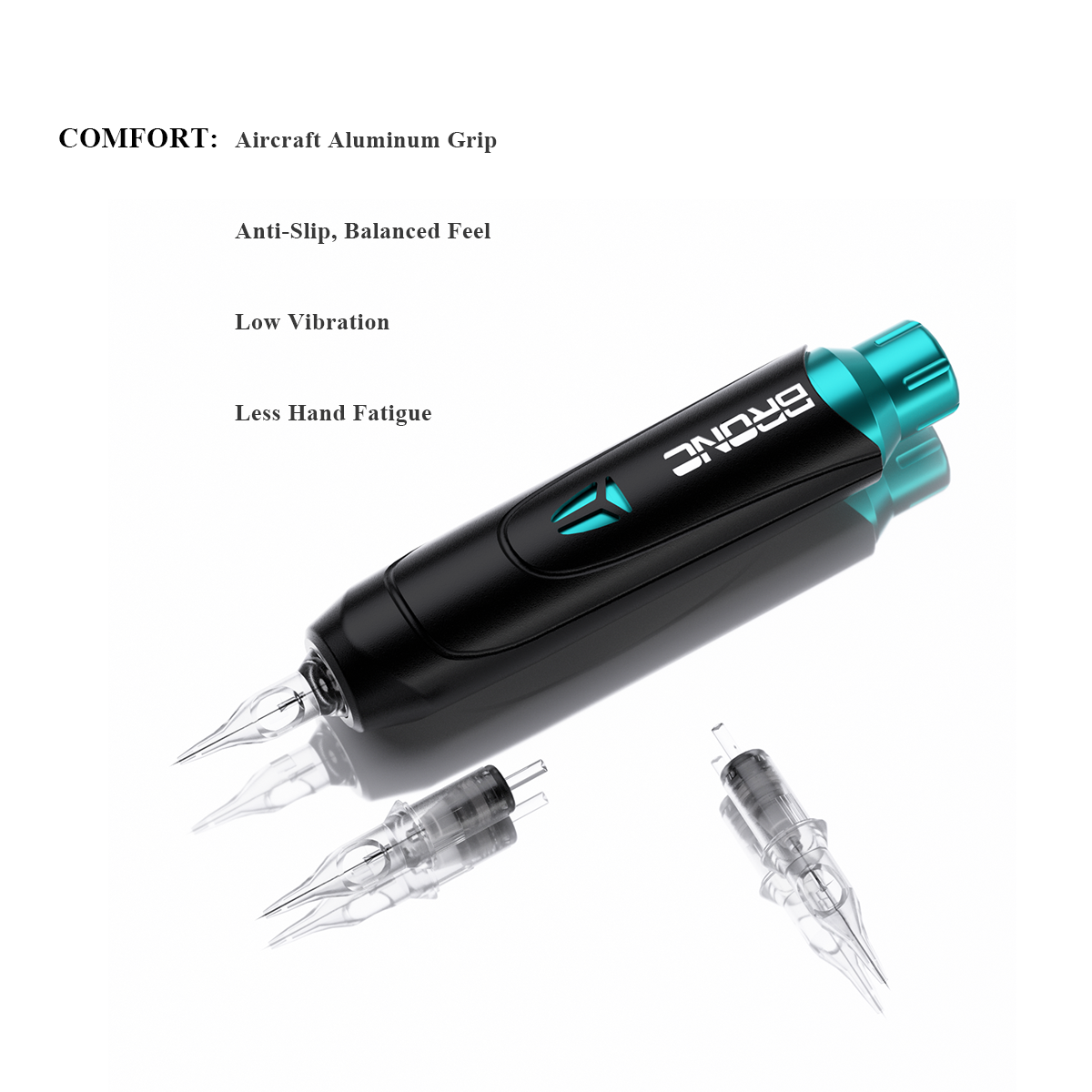 Bronc tattoo machine pen with specifications on a white background