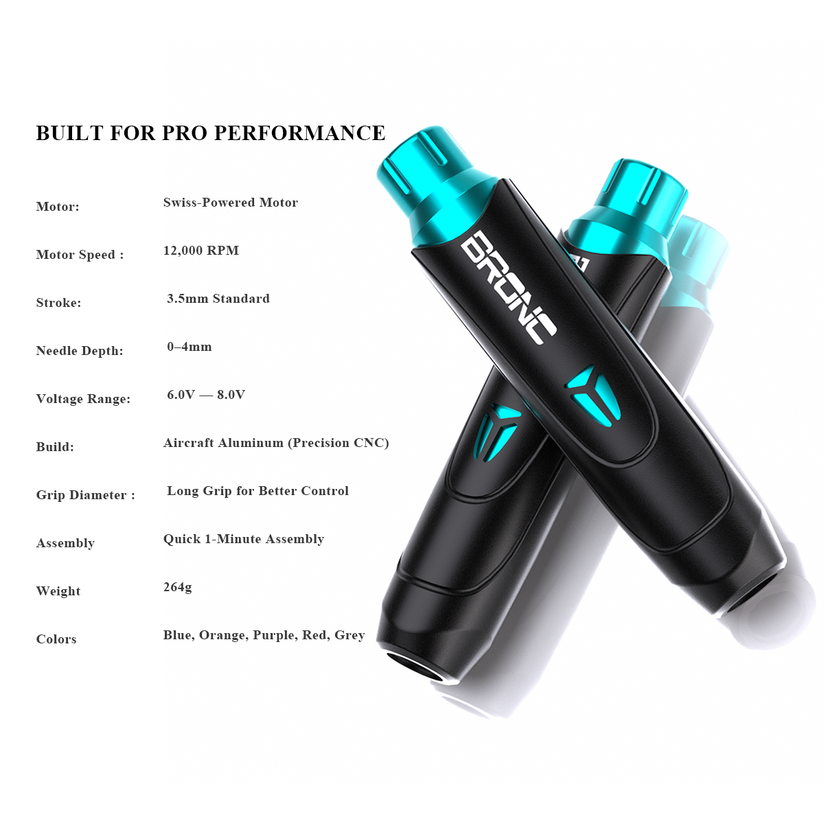 Bronc tattoo machine pen with specifications on a white background