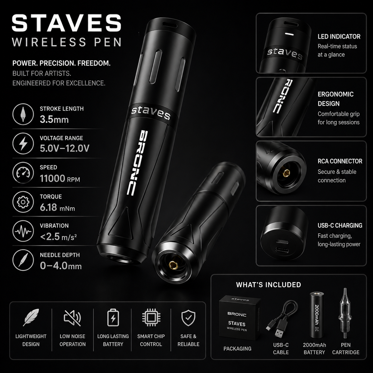 Staves wireless pen with specifications and features on a black background