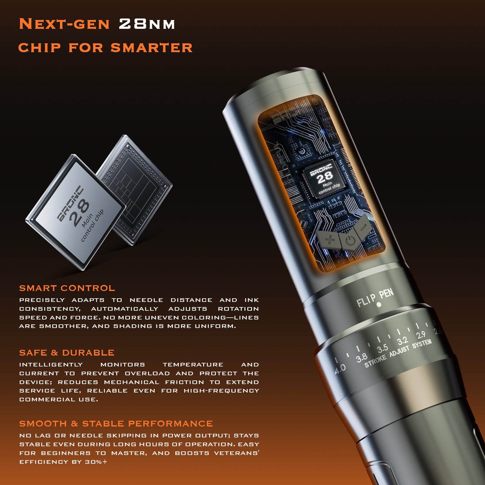 Adjustable wireless pen for SMP & tattoo with lightweight design, fast charging, variable voltage output, and overload protection.