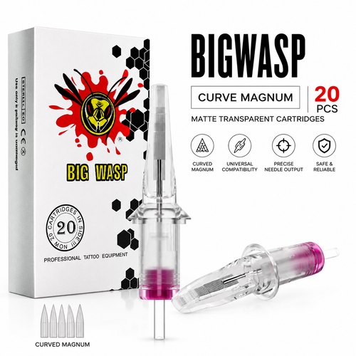 BIGWASP Curve Magnum tattoo cartridge packaging with cartridges on a white background