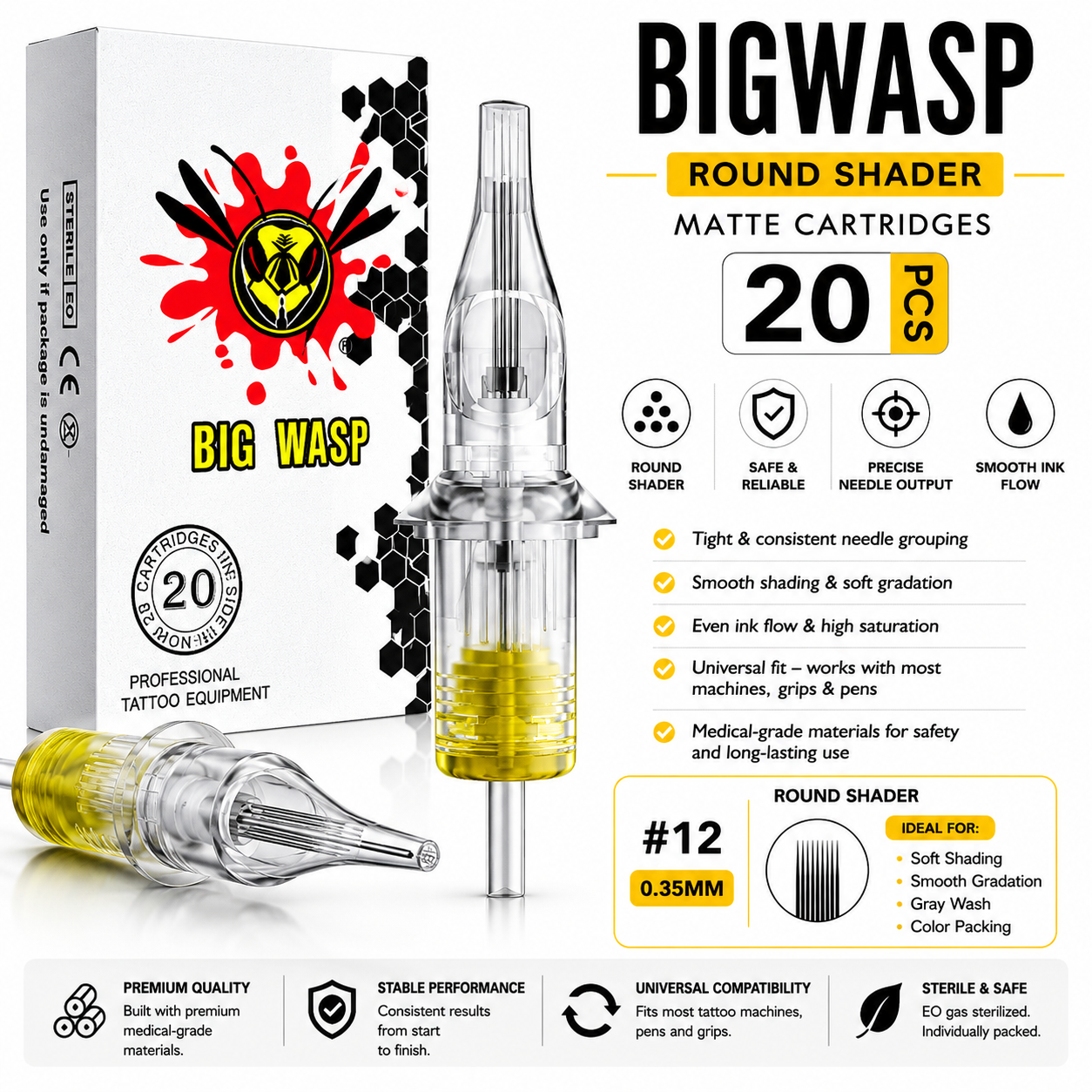 BIGWASP tattoo cartridge packaging with cartridge and branding details.