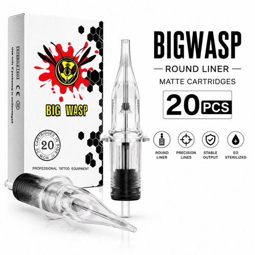 BIG WASP tattoo cartridge packaging with cartridges on a white background