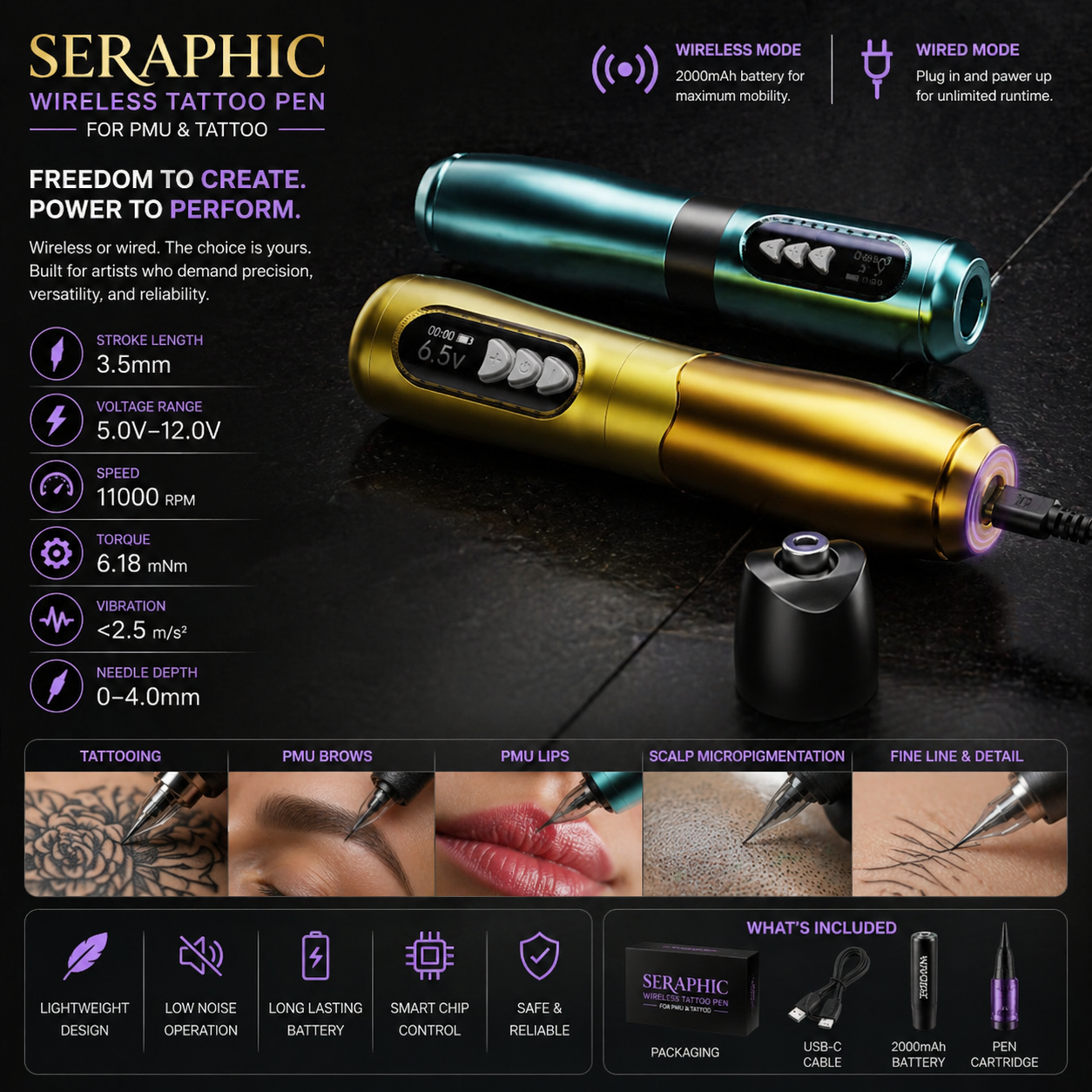 Seraphic wireless tattoo pen with specifications and usage examples on a dark background