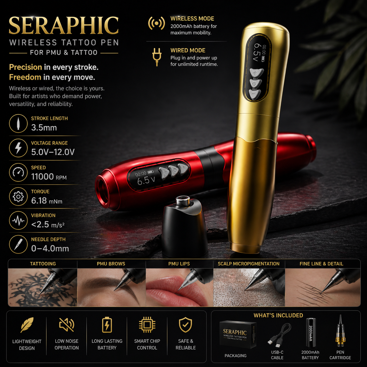 Seraphic wireless tattoo pen with specifications and uses on a dark background