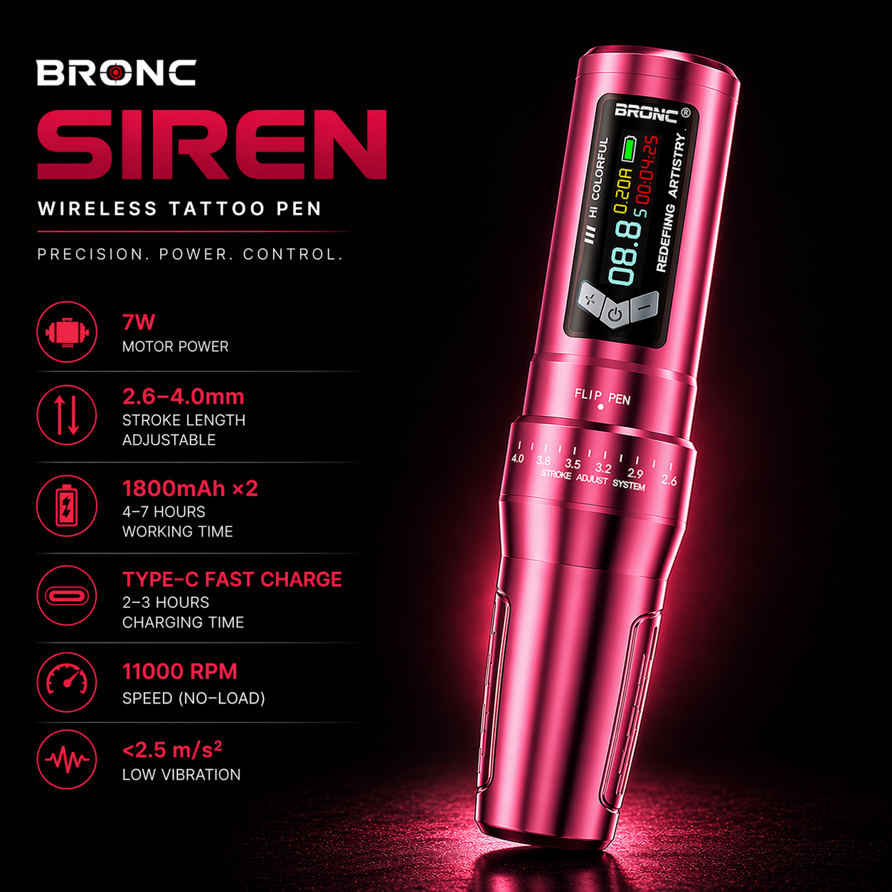 Bronc SIREN Adjustable Wireless Tattoo Pen