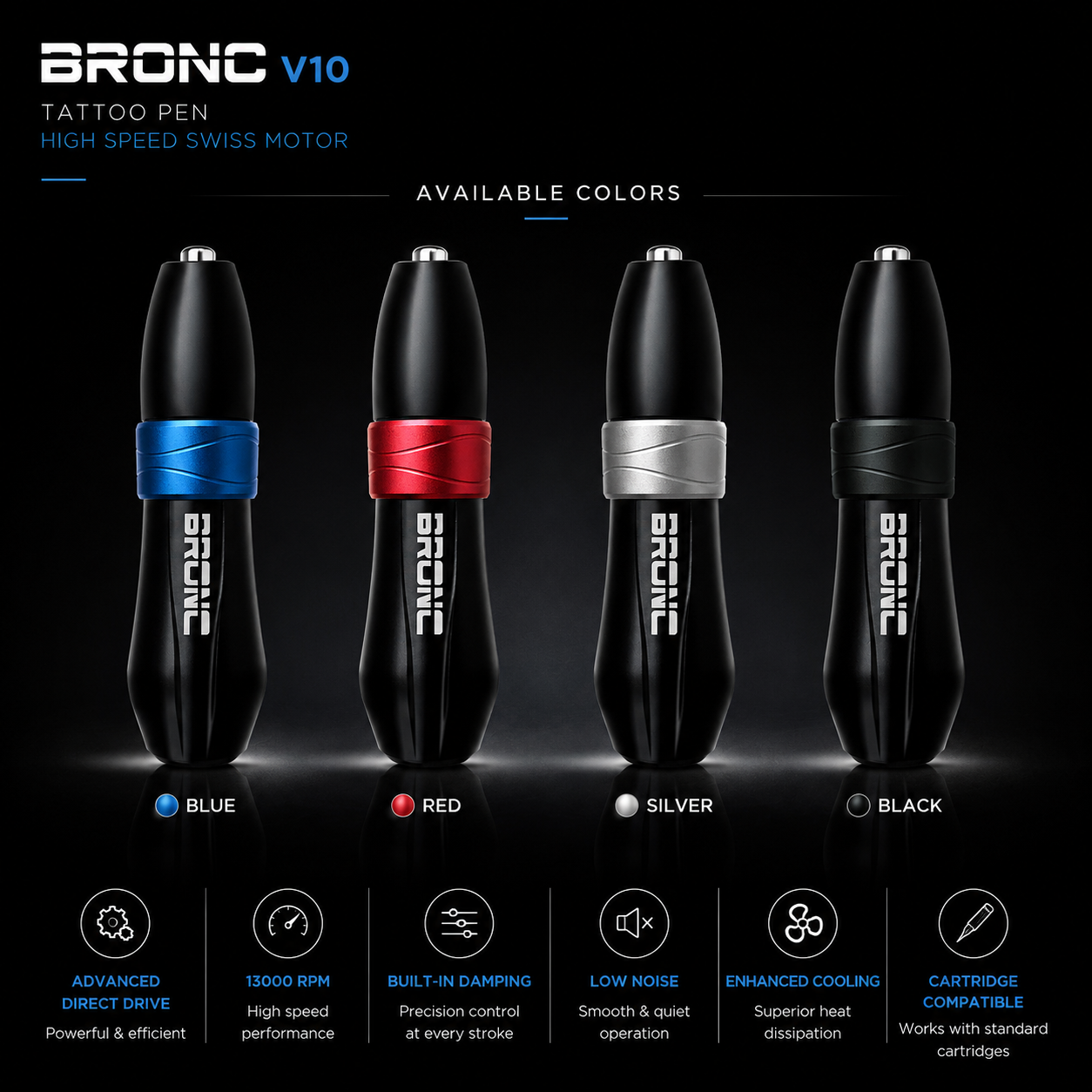 BRONC V10 tattoo pen with color options on a black background