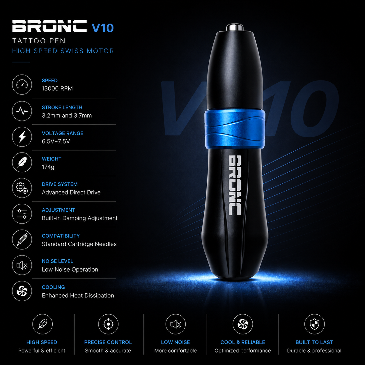 BRONC V10 tattoo pen with specifications on a dark background