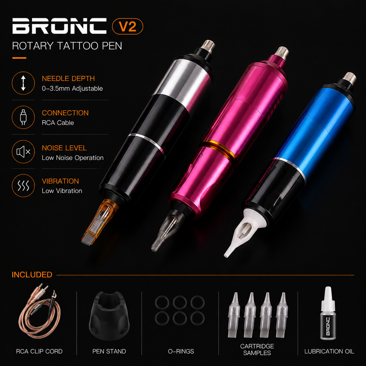Three rotary tattoo pens in black, pink, and blue with BRONC branding on a dark background.