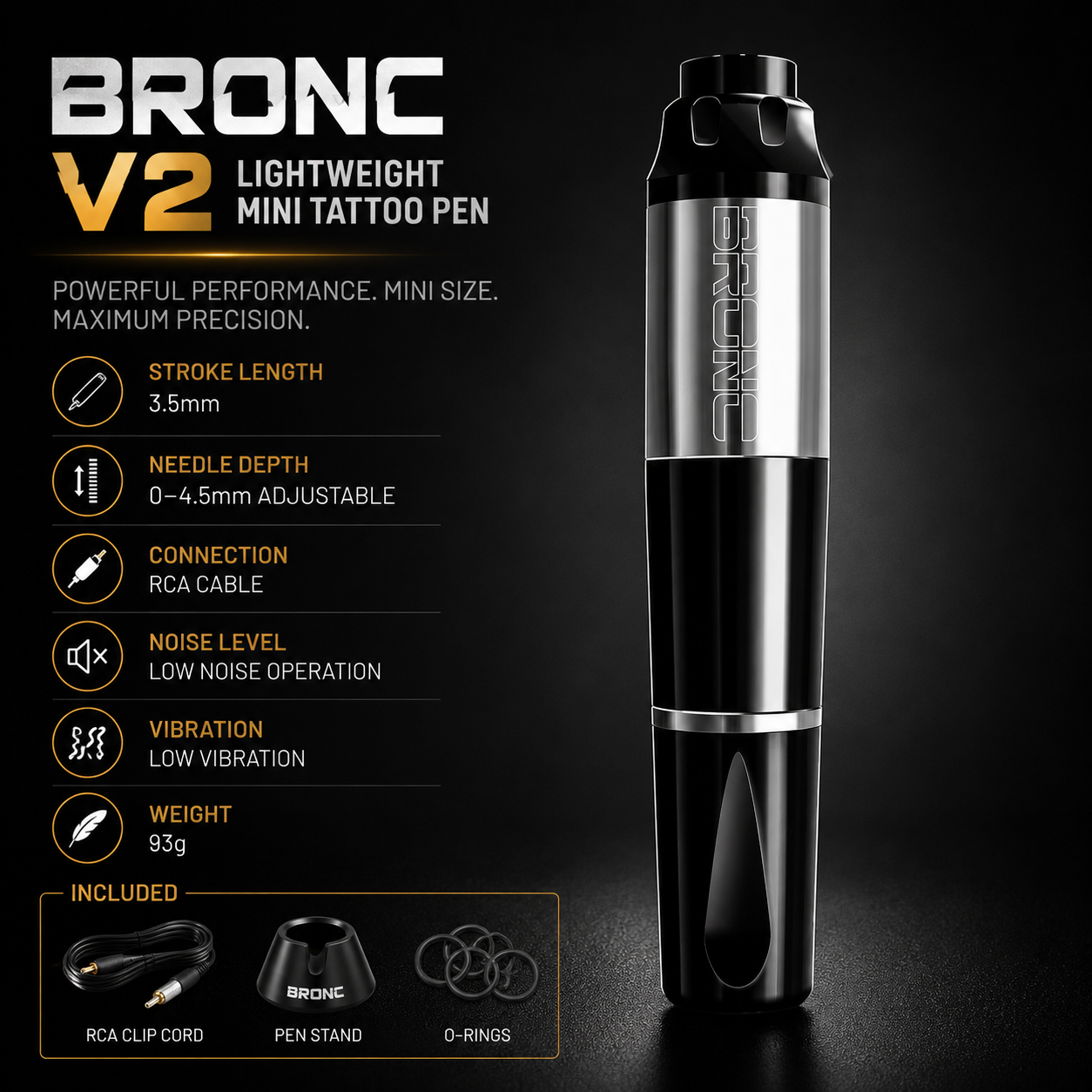 Bronc V2 mini tattoo pen with specifications on a dark background
