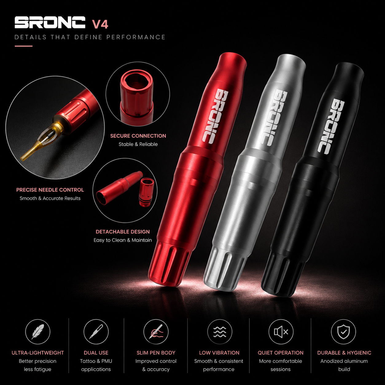 Three BRONC V4 tattoo needles in red, silver, and black on a dark background with features highlighted.