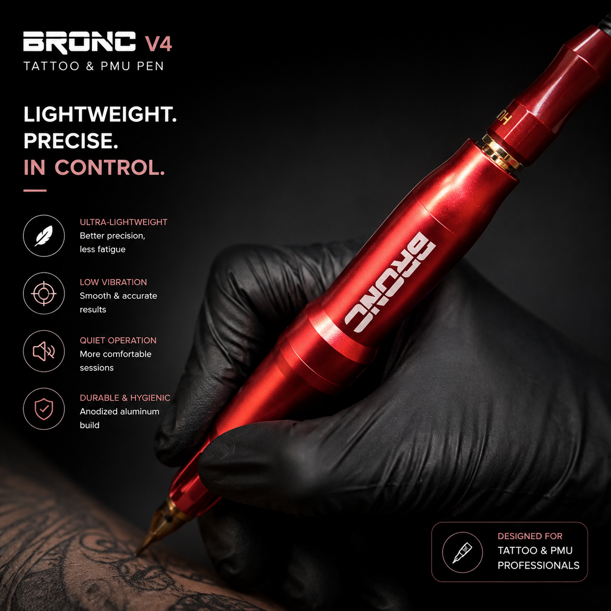 Red tattoo pen held in a black glove with promotional text on a dark background