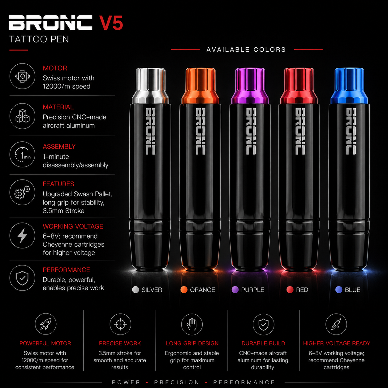 Bronc V5 tattoo pen with color options on a black background