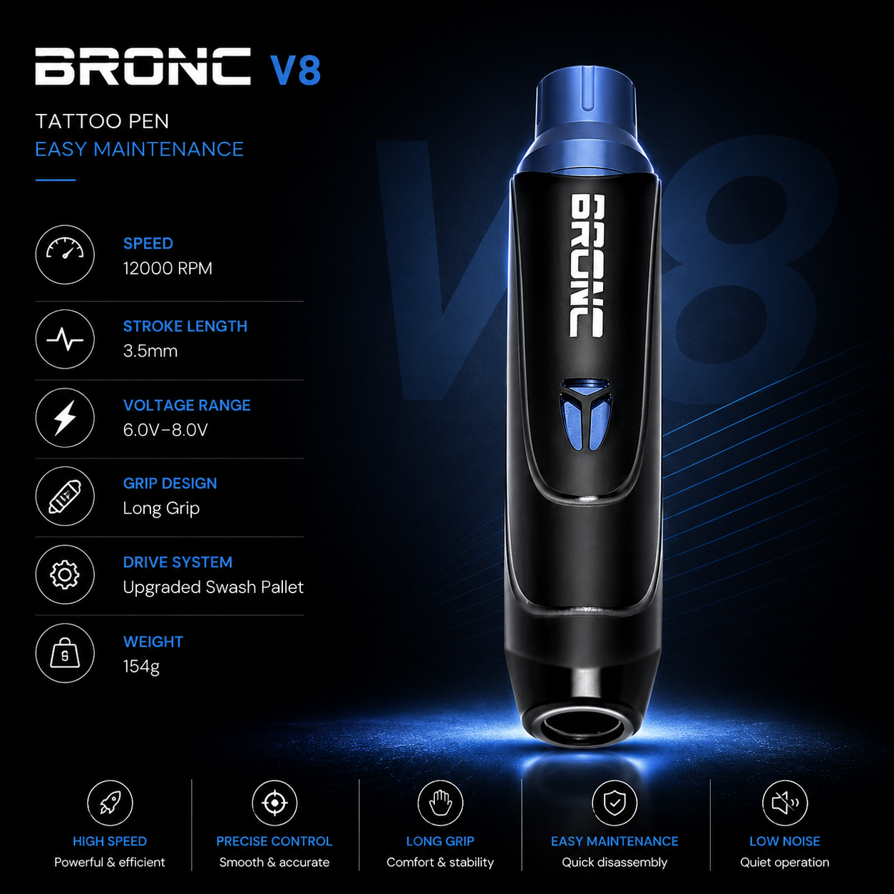 BRONIC V8 tattoo pen with specifications on a dark background