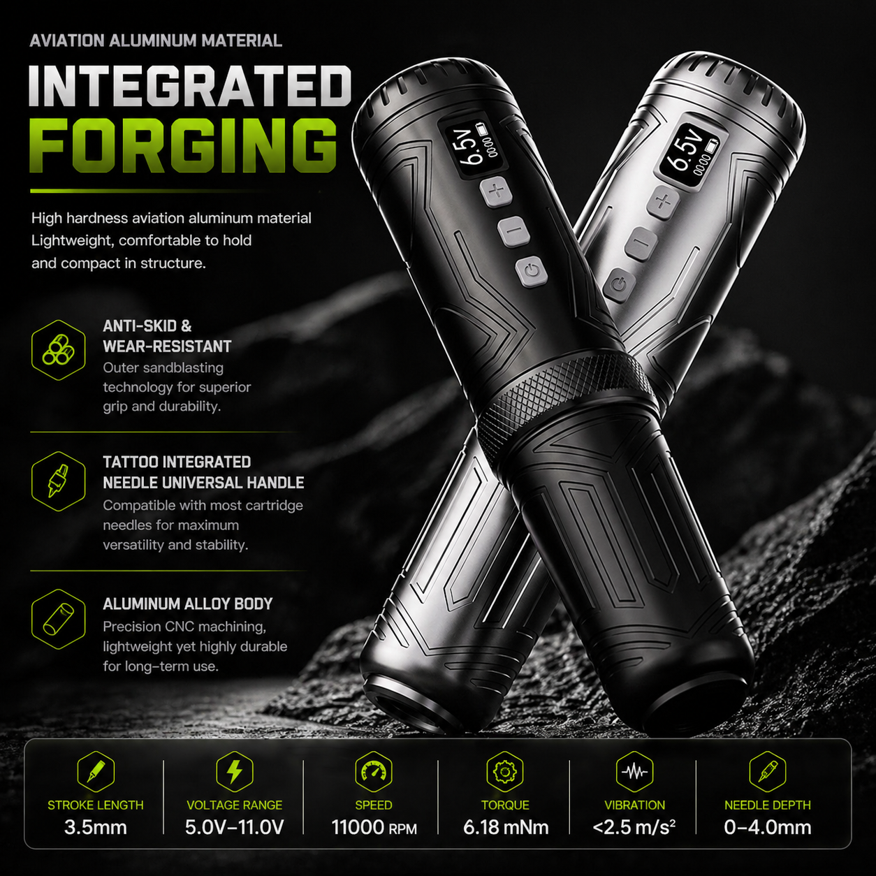 Bronc wireless pen with specifications and features displayed on a dark background