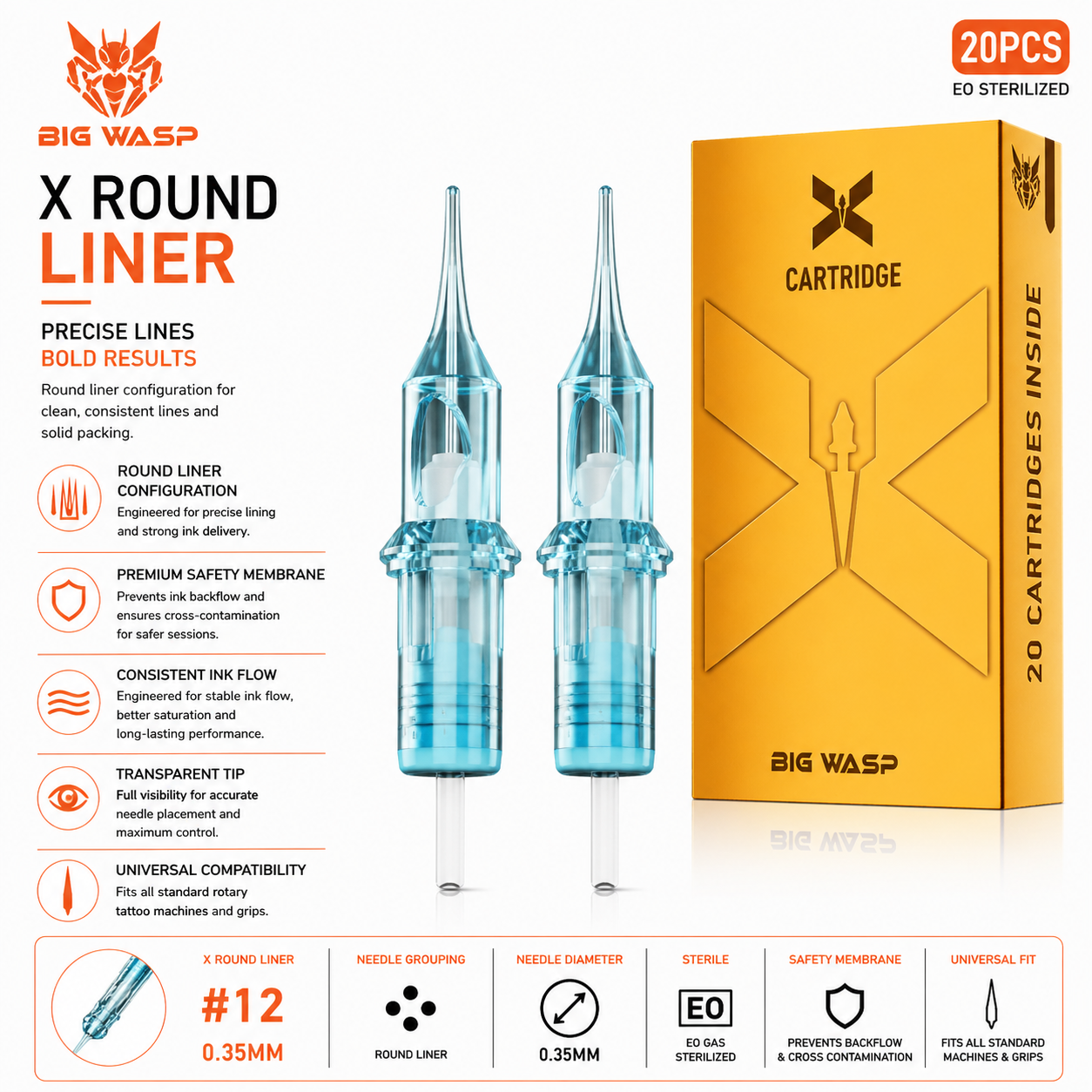 Big Wasp X Round Liner cartridges with packaging on a white background